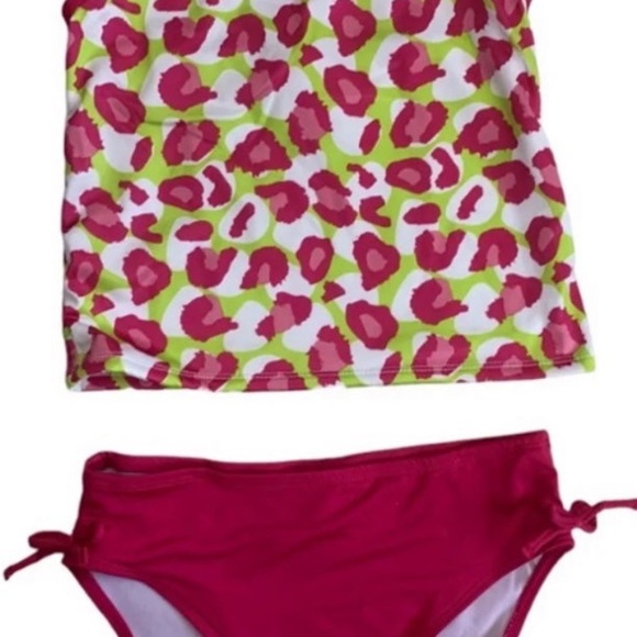 NWT Lily & Dan Girls 2 Piece Swim Set Medium Top & Bottom Green pink Tropical - Picture 8 of 8